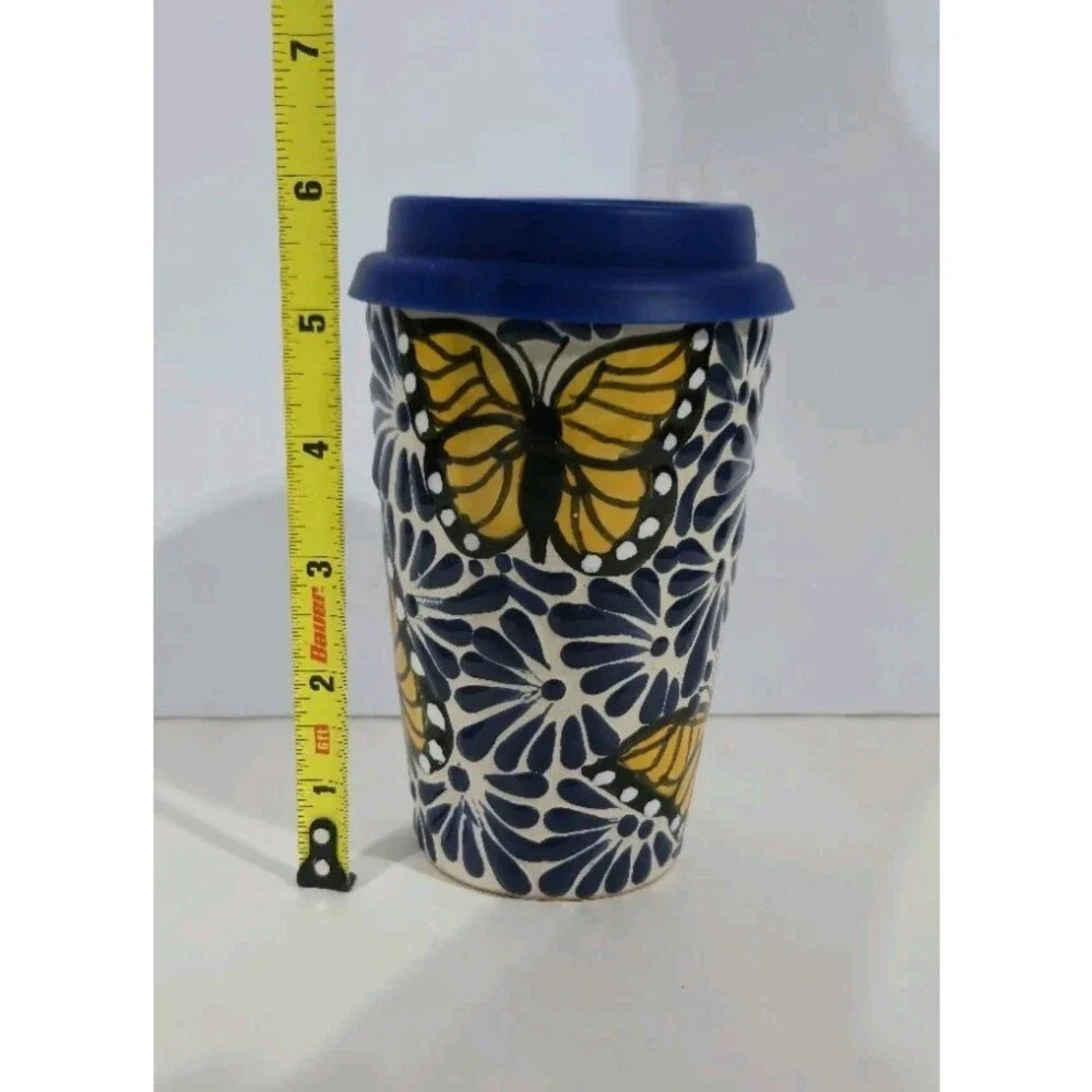 Talavera Tumbler Mexican Art Butterflies Monarcas Handmade 3.5 X 6 Inches